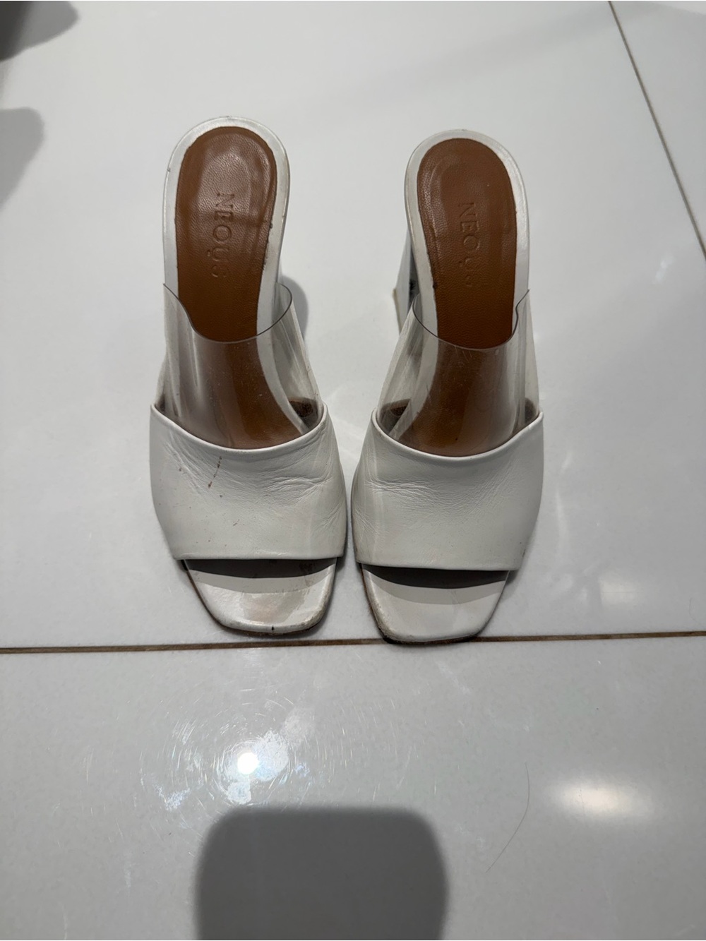 NEOUS White Clear Strap Mule Heels